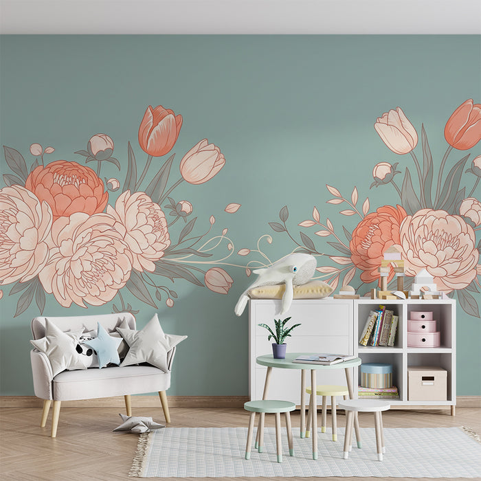 Χαρτί τοίχου για το δωμάτιο του μωρού | Υπέροχο διπλό λουλουδένιο μπουκέτο σε μπλε φόντο