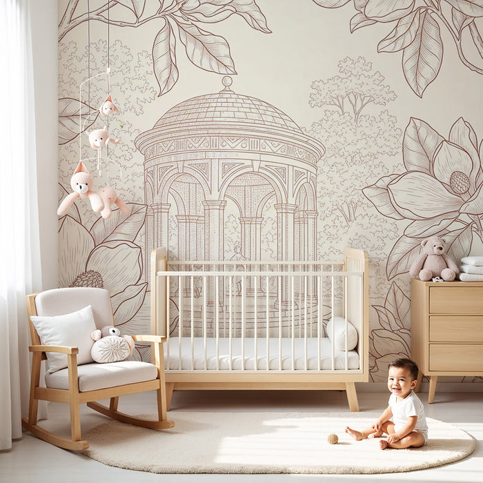 **Børneværelsestapet | Smukke blomster og lysthus i en fredfyldt have**