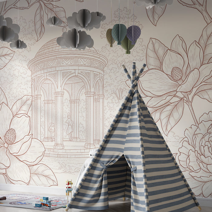 **Børneværelsestapet | Smukke blomster og lysthus i en fredfyldt have**