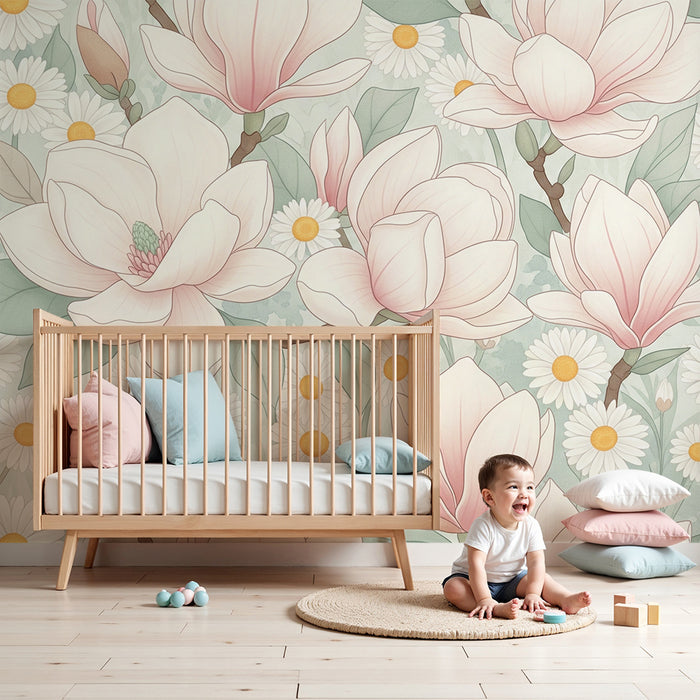 Papier peint chambre bébé | Magnolias et marguerites en fleurs