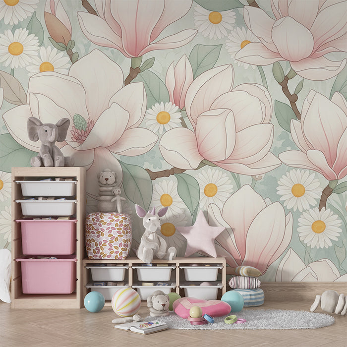 Papier peint chambre bébé | Magnolias et marguerites en fleurs