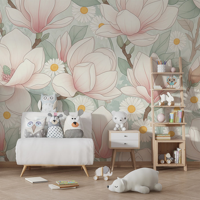 Papier peint chambre bébé | Magnolias et marguerites en fleurs