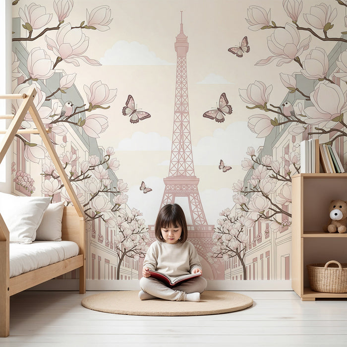 Tapet cameră bebeluș | Magnolii și Turnul Eiffel într-un decor pastel