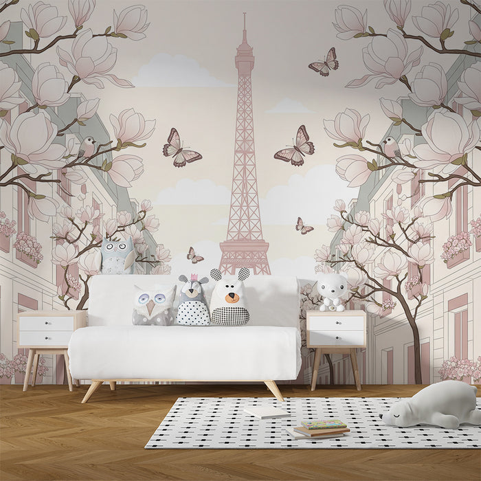 Tapet cameră bebeluș | Magnolii și Turnul Eiffel într-un decor pastel
