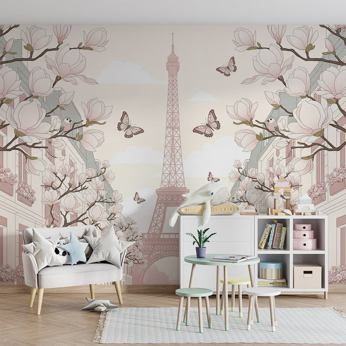 Tapet cameră bebeluș | Magnolii și Turnul Eiffel într-un decor pastel