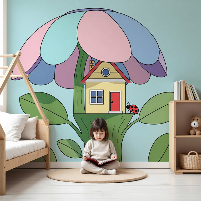Тапети за детска стая | Цветна къща под огромно цвете