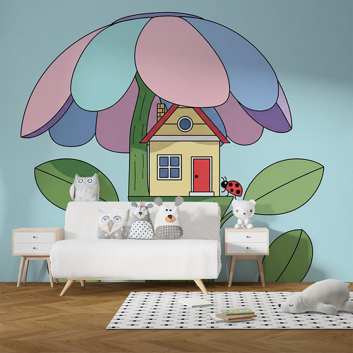 Тапети за детска стая | Цветна къща под огромно цвете