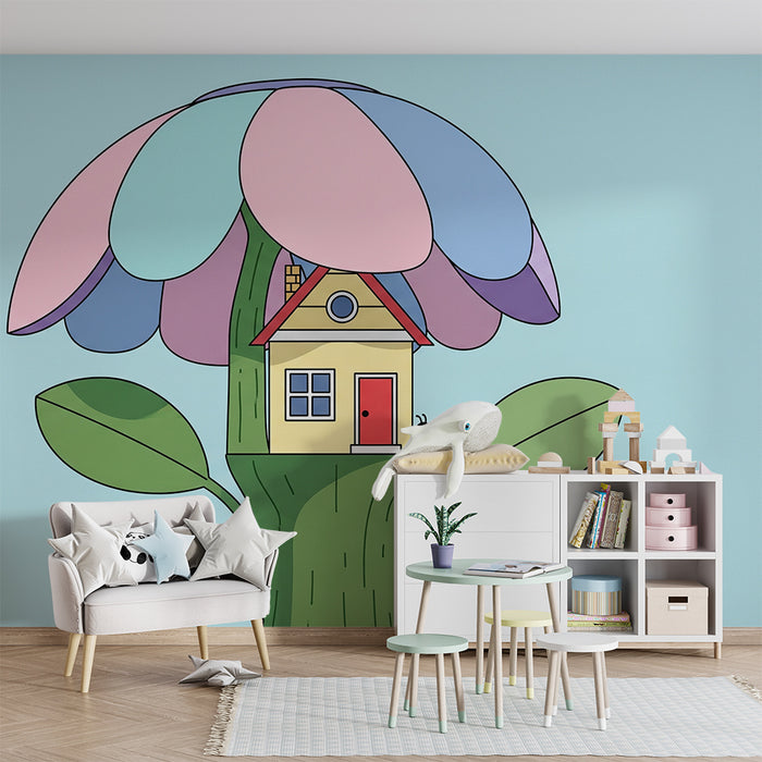 Тапети за детска стая | Цветна къща под огромно цвете