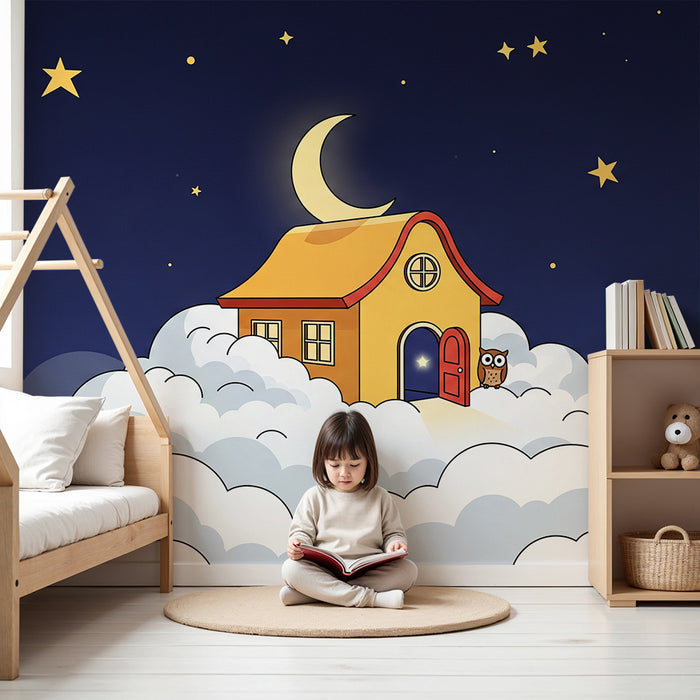 Papier peint chambre bébé | Maison dans les nuages avec étoiles et hibou