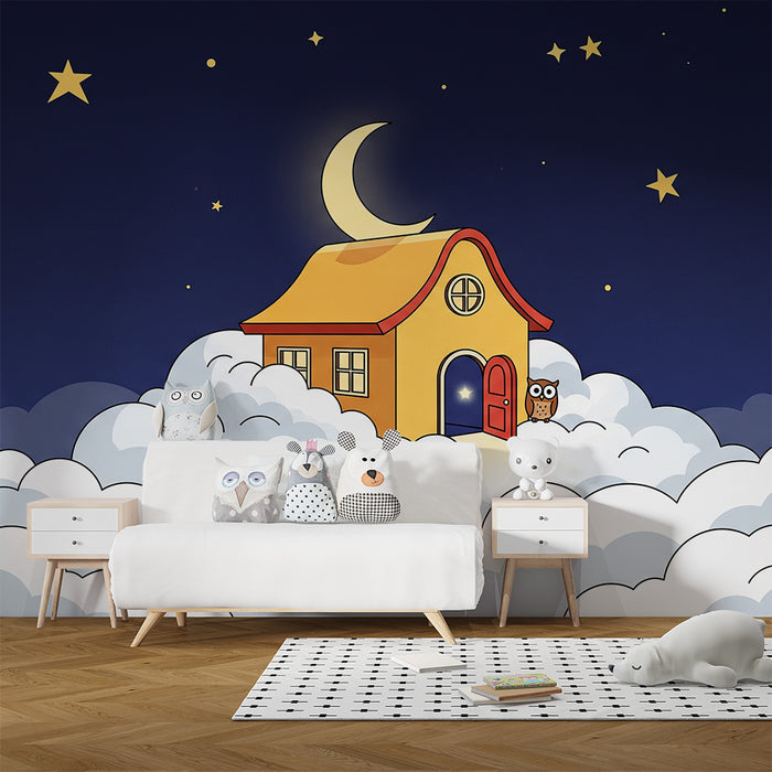 Papier peint chambre bébé | Maison dans les nuages avec étoiles et hibou