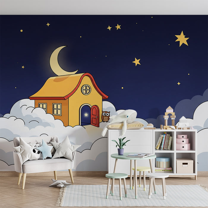 Papier peint chambre bébé | Maison dans les nuages avec étoiles et hibou