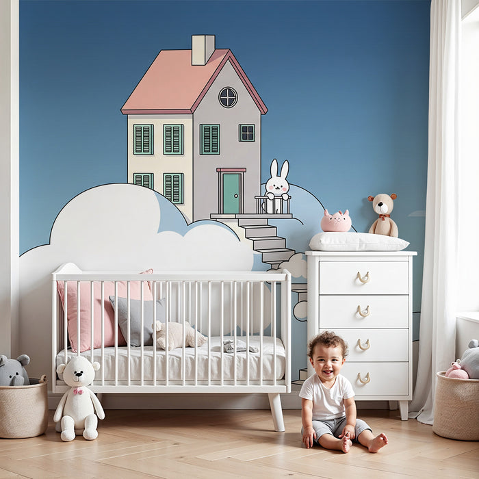 Vauvanhuoneen tapetti | Pilvien peitossa oleva talo ja söpö pupu