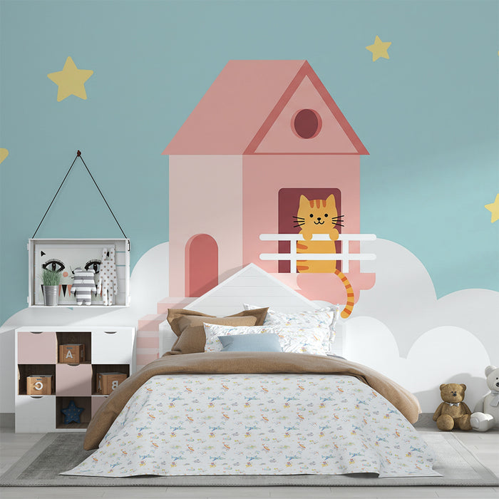 Baba szobai tapéta | Felhős házas minta vidám cicával