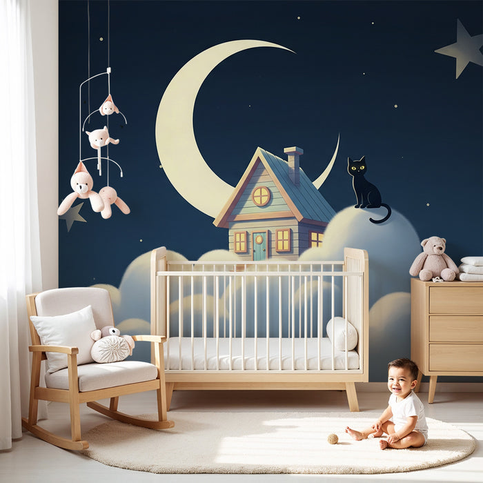 Papel de parede para quarto de bebé | Casa nas nuvens com um gato preto e uma lua brilhante