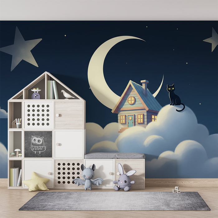Papel de parede para quarto de bebé | Casa nas nuvens com um gato preto e uma lua brilhante