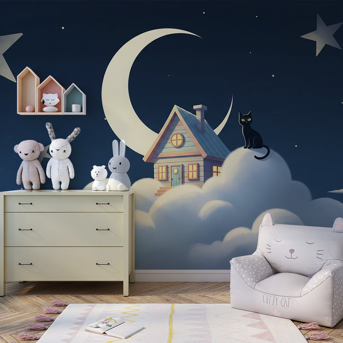 Papel de parede para quarto de bebé | Casa nas nuvens com um gato preto e uma lua brilhante