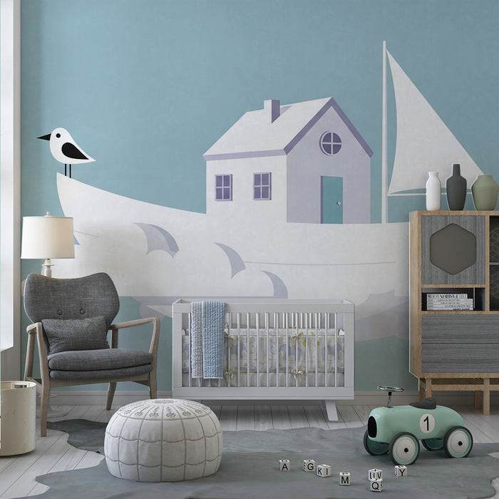 Barnrumspapper | Flytande hus på moln med fågel