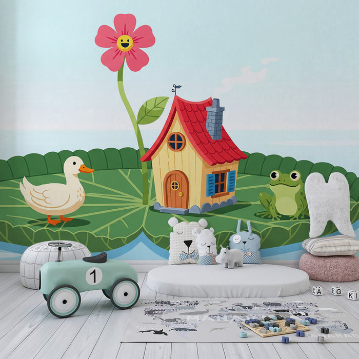 Barnrumspapper | Glatt hus på ett blad med anka och groda