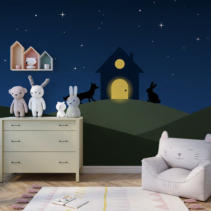 Prenosni ozadja za otroško sobo | Nočna hišica z živalmi pod zvezdami