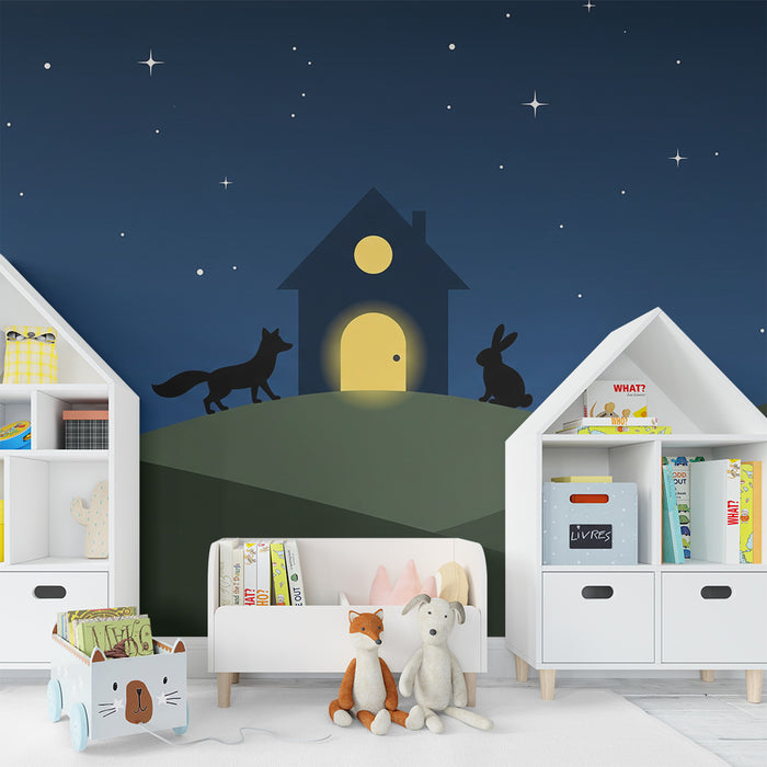 Prenosni ozadja za otroško sobo | Nočna hišica z živalmi pod zvezdami