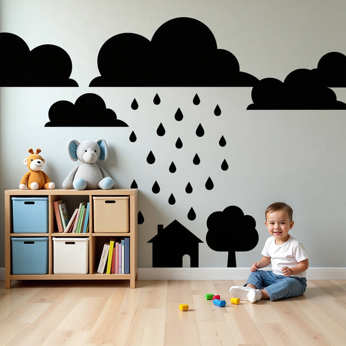 Lastenhuoneen tapetti | Talo sateessa pilvien ja vesipisaroiden alla