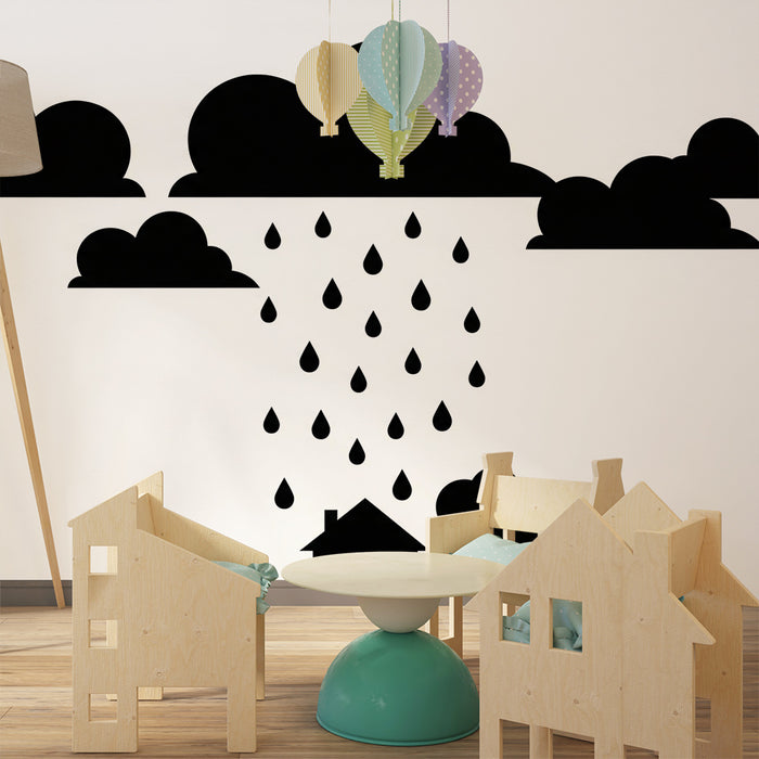 Lastenhuoneen tapetti | Talo sateessa pilvien ja vesipisaroiden alla