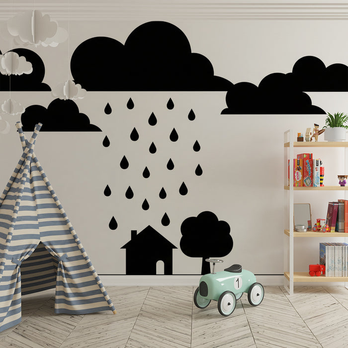 Lastenhuoneen tapetti | Talo sateessa pilvien ja vesipisaroiden alla