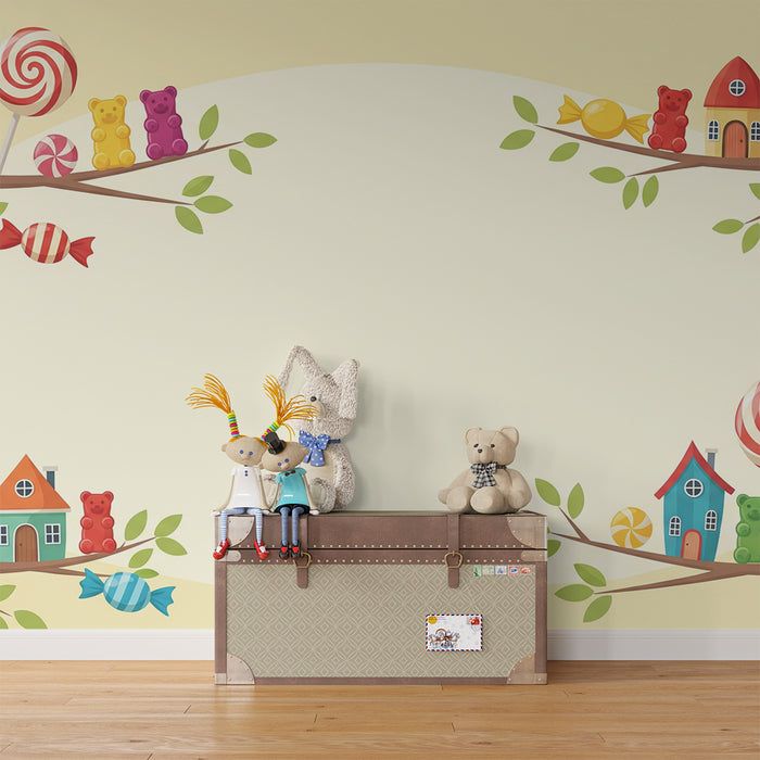 Tapeta do pokoju dziecięcego | Kolorowe domki i słodkości na gałązkach