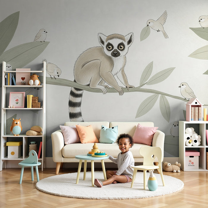 Papel de parede para quarto de bebé | Maki curioso e pássaros num ramo verdejante