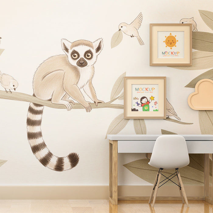 Papel de parede para quarto de bebé | Maki curioso e pássaros num ramo verdejante