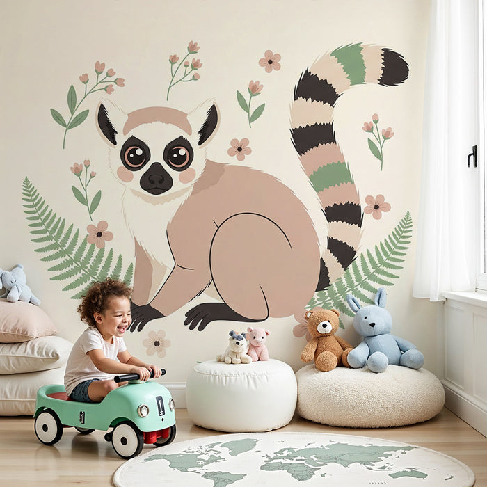 Papier peint chambre bébé | Maki mignon entouré de fleurs et de fougères