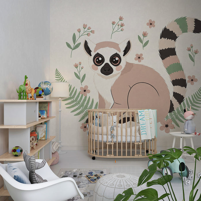 Papier peint chambre bébé | Maki mignon entouré de fleurs et de fougères