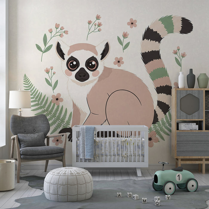 Papier peint chambre bébé | Maki mignon entouré de fleurs et de fougères