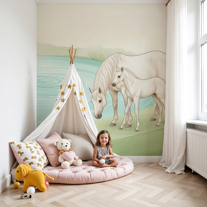Baby nursery wallpaper | Mama horse and foal by a peaceful pond