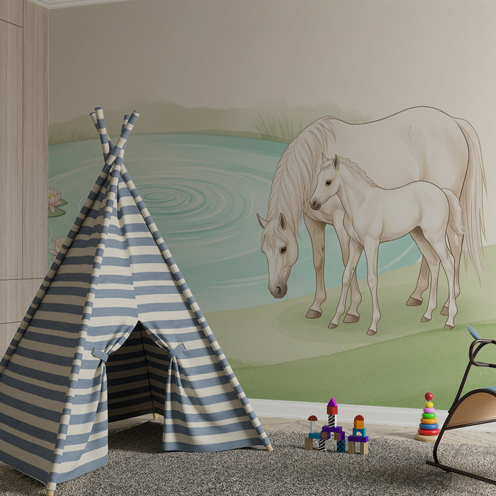 Baby nursery wallpaper | Mama horse and foal by a peaceful pond