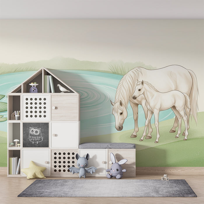Baby nursery wallpaper | Mama horse and foal by a peaceful pond