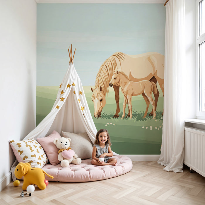 Papier peint chambre bébé | Maman cheval et son poulain dans un champ fleuri