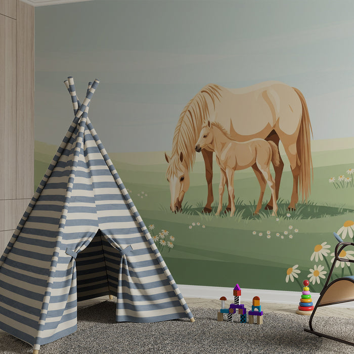 Papier peint chambre bébé | Maman cheval et son poulain dans un champ fleuri