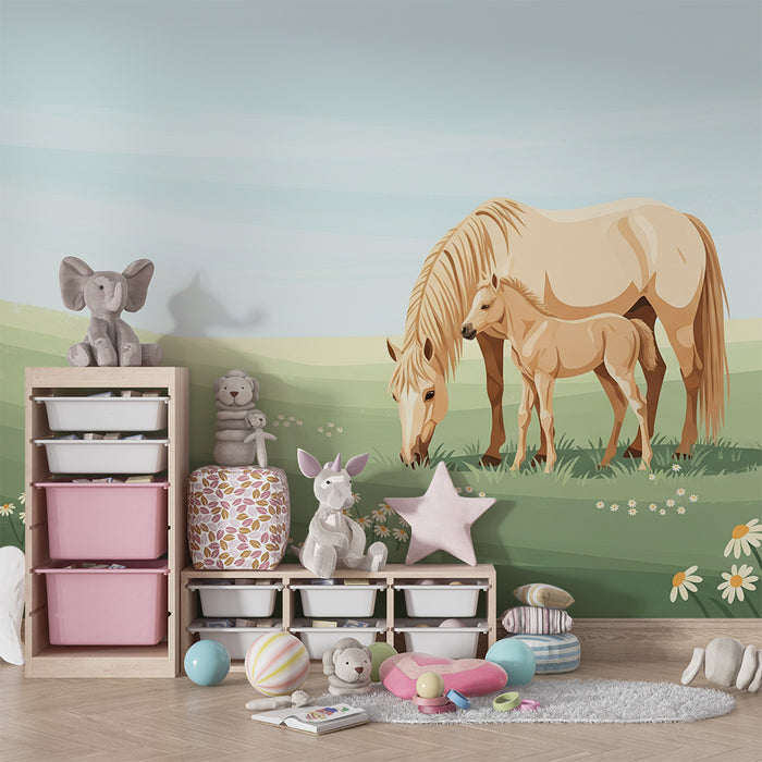 Papier peint chambre bébé | Maman cheval et son poulain dans un champ fleuri