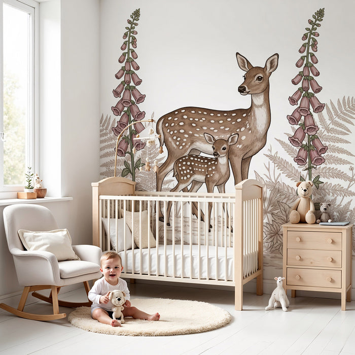 Papier peint chambre bébé | Maman chevreuil et son faon entourés de fleurs délicates