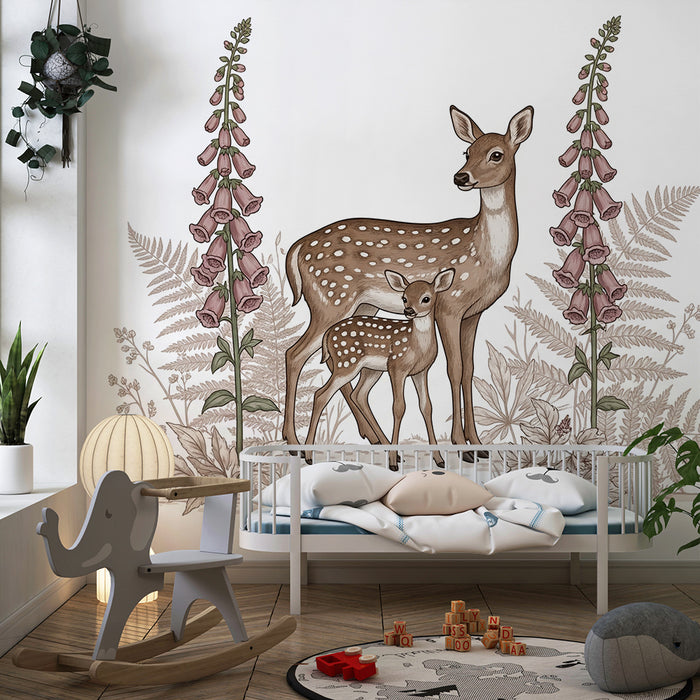 Papier peint chambre bébé | Maman chevreuil et son faon entourés de fleurs délicates