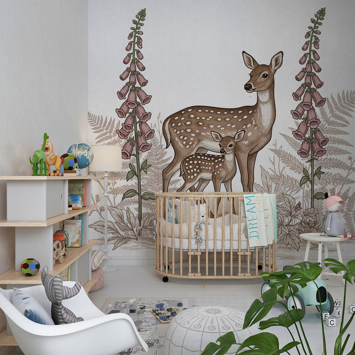 Papier peint chambre bébé | Maman chevreuil et son faon entourés de fleurs délicates