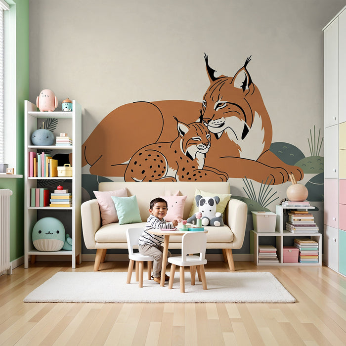 Papier peint chambre bébé | Maman lynx et son petit dans un décor naturel