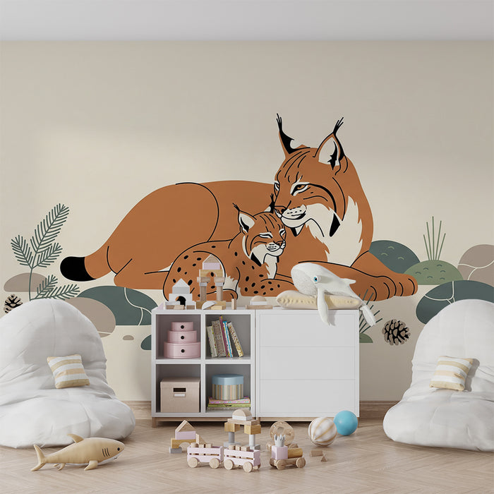 Papier peint chambre bébé | Maman lynx et son petit dans un décor naturel