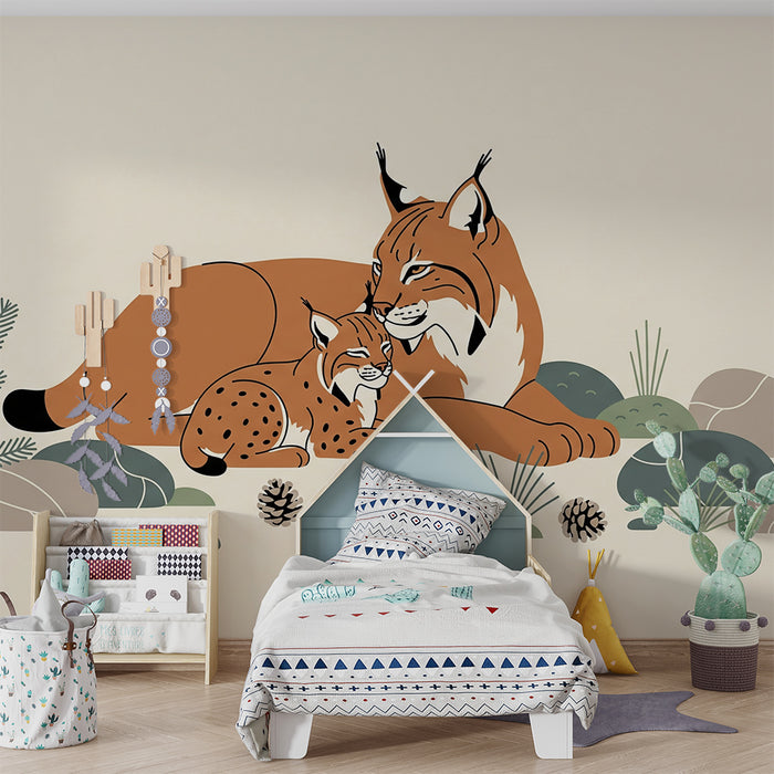 Papier peint chambre bébé | Maman lynx et son petit dans un décor naturel