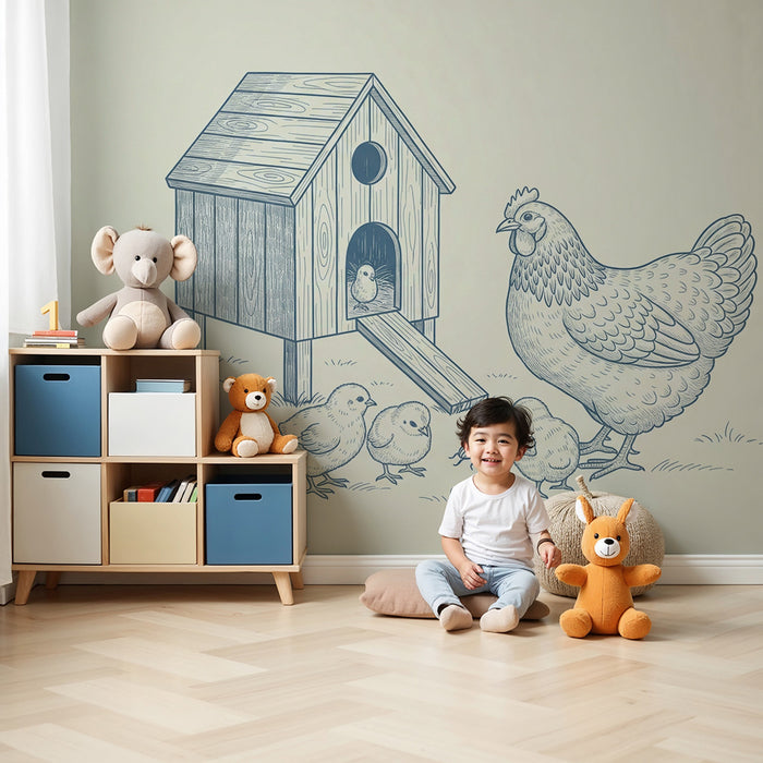 Tapeta za dječju sobu | Mama kokoš i njeni pilići oko kokošinjca