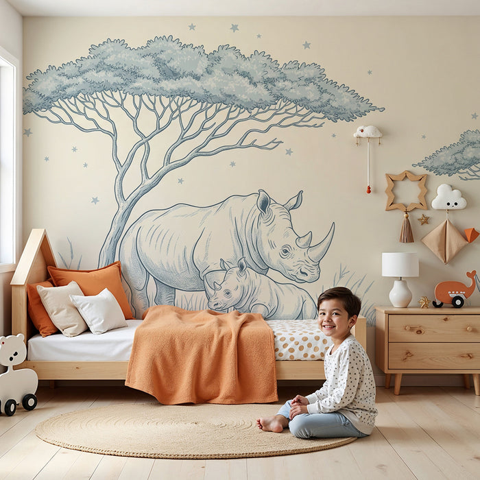**Tapet till babyrum | Rhinomamma och hennes unge under en stjärnklar himmel**