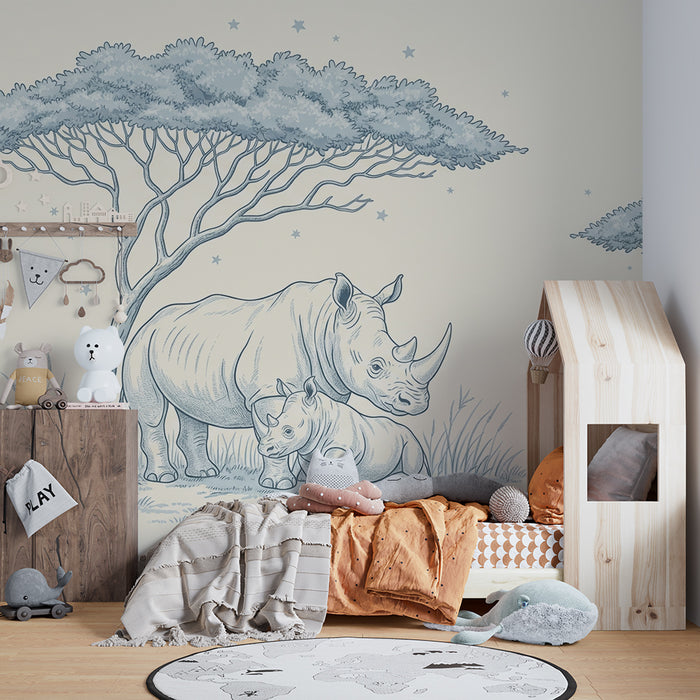 **Tapet till babyrum | Rhinomamma och hennes unge under en stjärnklar himmel**