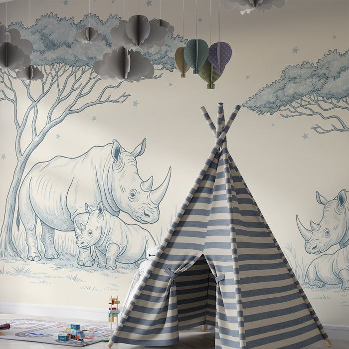 **Tapet till babyrum | Rhinomamma och hennes unge under en stjärnklar himmel**