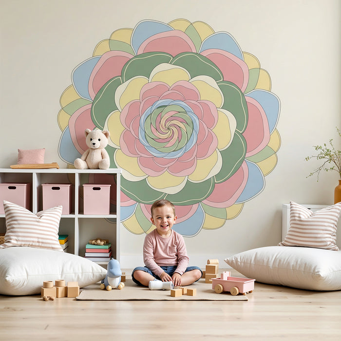 Behang kinderkamer | Kleurrijk mandala in zachte pasteltinten